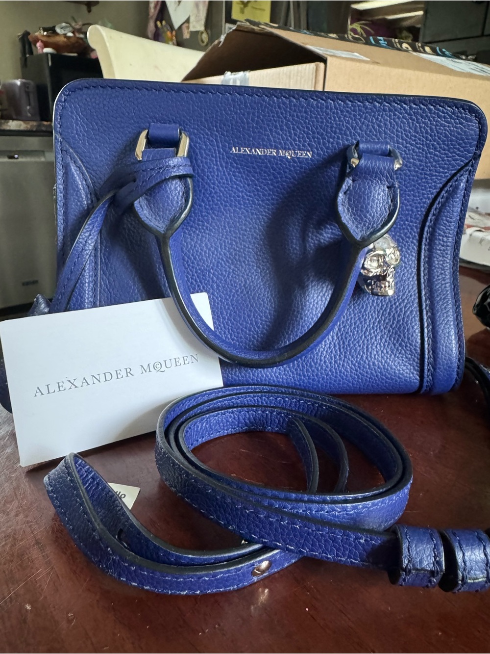 Alexander McQueen Cobalt Blue Pebbled Leather mini skull padlock crossbody